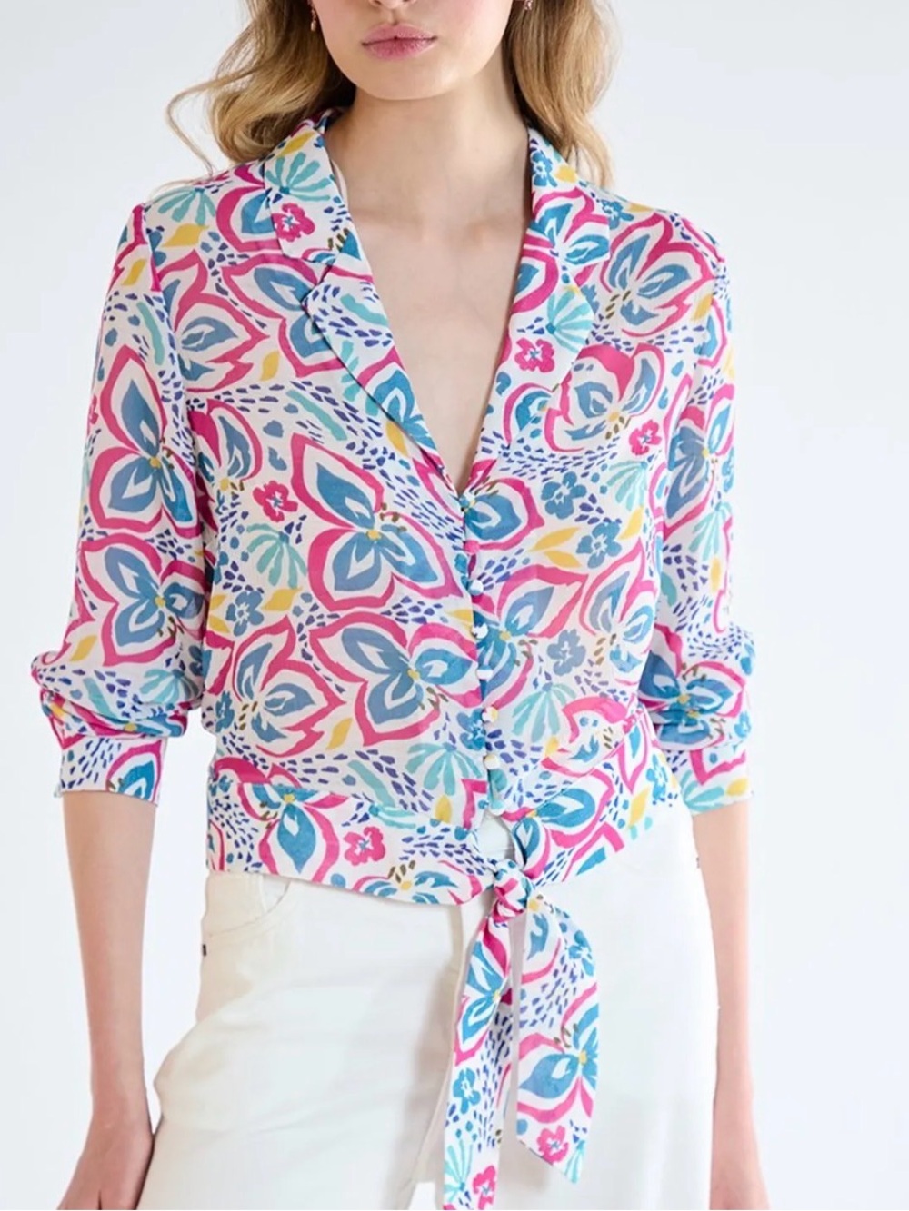 Floral Tie-Front Button Down Blouse- White with Pink, Teal & Yellow Print